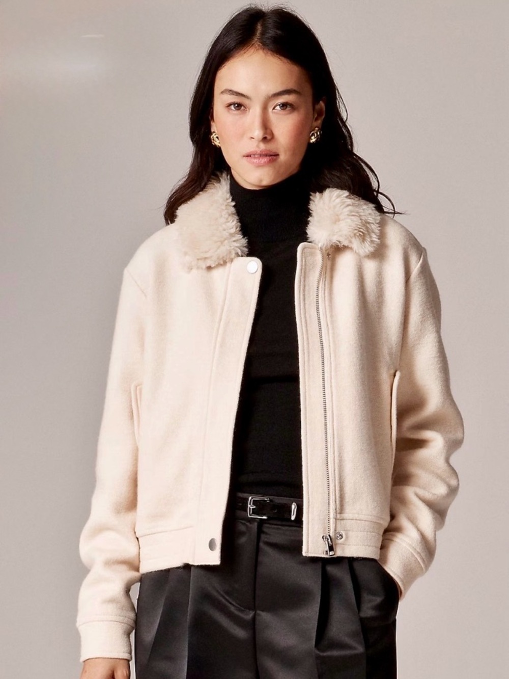 New! J. Crew Women's Wool-blend flight jacket with faux-fur collar